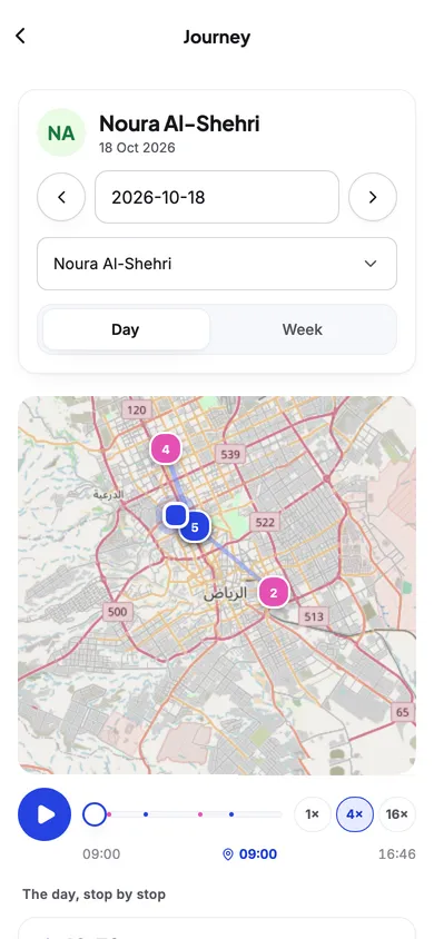 Journey replay in the Zaps app: a rep's stops on the map with the player