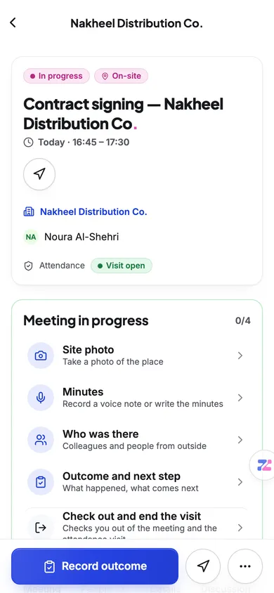 A meeting in progress in the Zaps app: site photo, minutes, who was there, outcome, check out