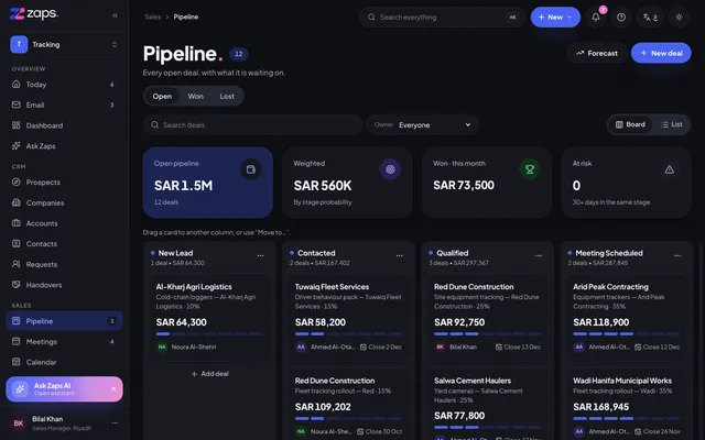 Deals board by stage in the Zaps portal