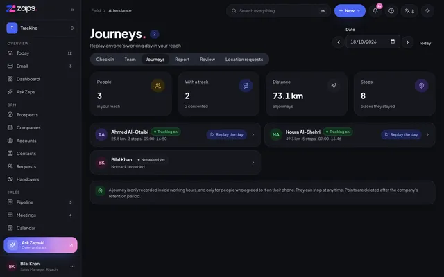 Journeys list: replay anyone's working day in your reach