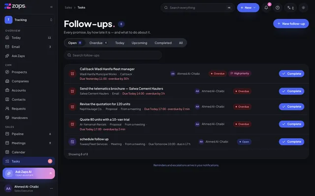 Follow-ups in the Zaps web portal